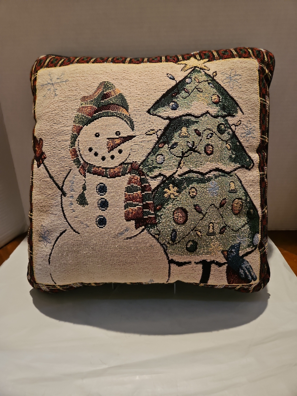 Holiday Snowman and Tree Accent Pillow -Tapestry Green/Cream
